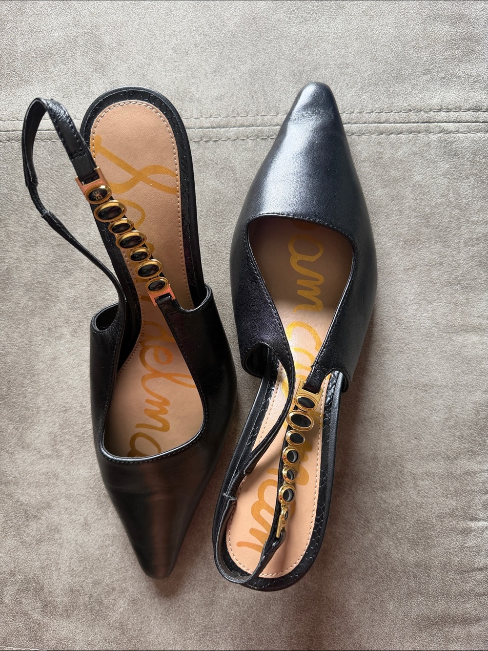 Sam Edelman Baker Pointed Toe Slingback Flats Black with Gold Eyelet Accents